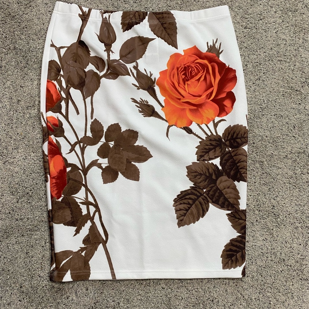 SHEIN White and Brown Floral Pencil Skirt